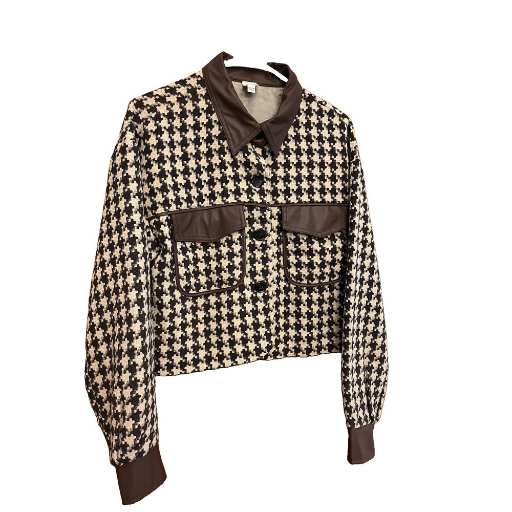 INOAH Women's Houndstooth Lined Blazer W Faux Leather Trim Pockets Brown Sz L